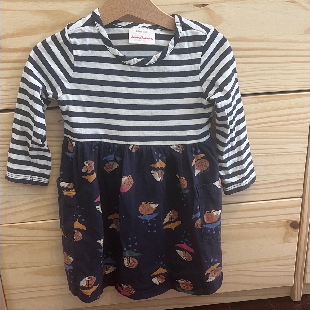 Hanna Andersson Navy and White Striped Dress with Animal Print